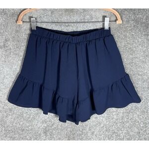 fab'rik Shorts Womens Size Large Blue Crinkle Elastic Waist Ruffle Hem USA Made